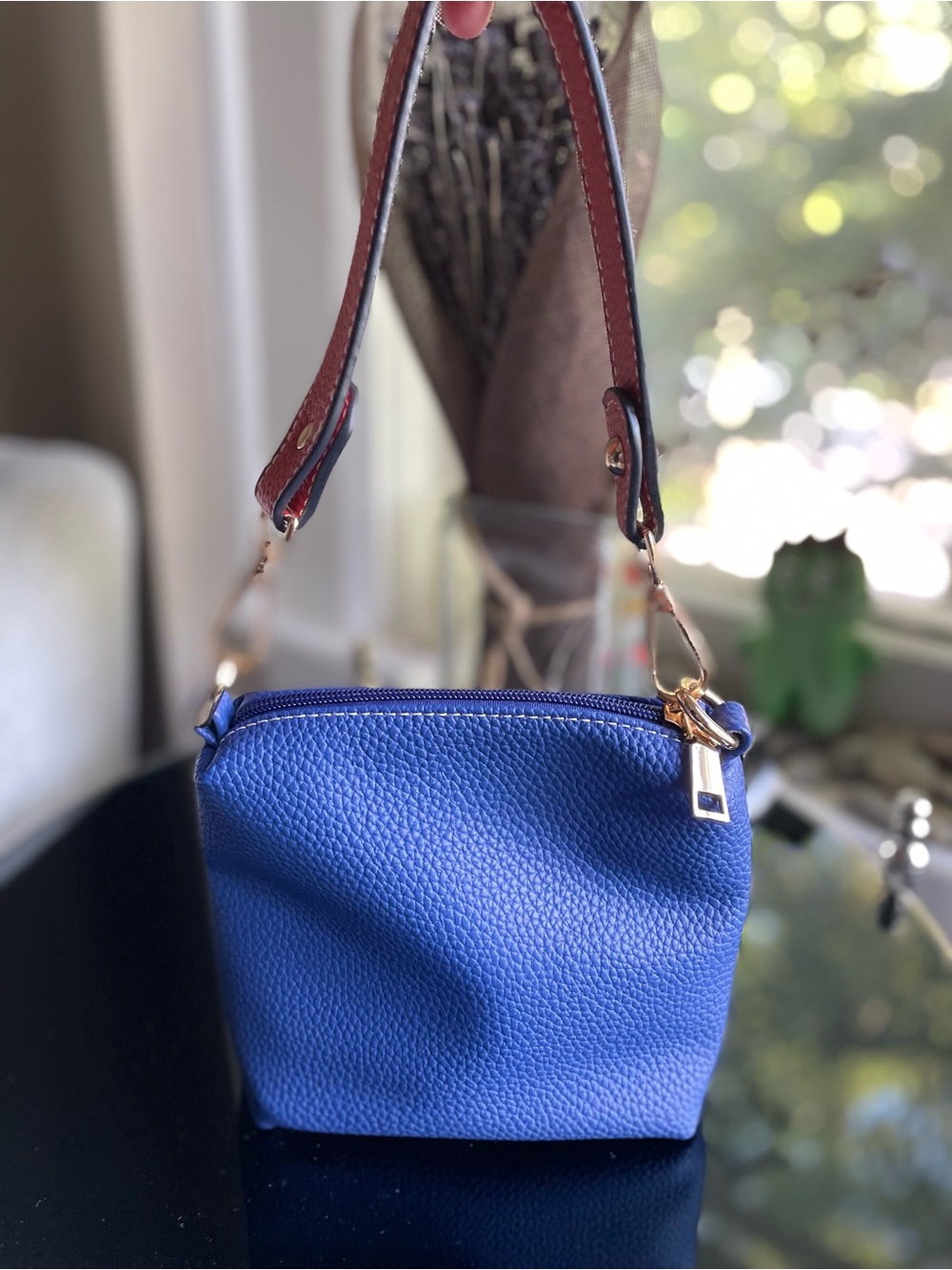 Unique Vintage Blue Pebbled Mini Bag with Contrasting Red Strap